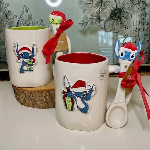 NEW Christmas Rae Dunn Disney Stitch Mugs with Spoons Set of Two - Picture 1 of 3
